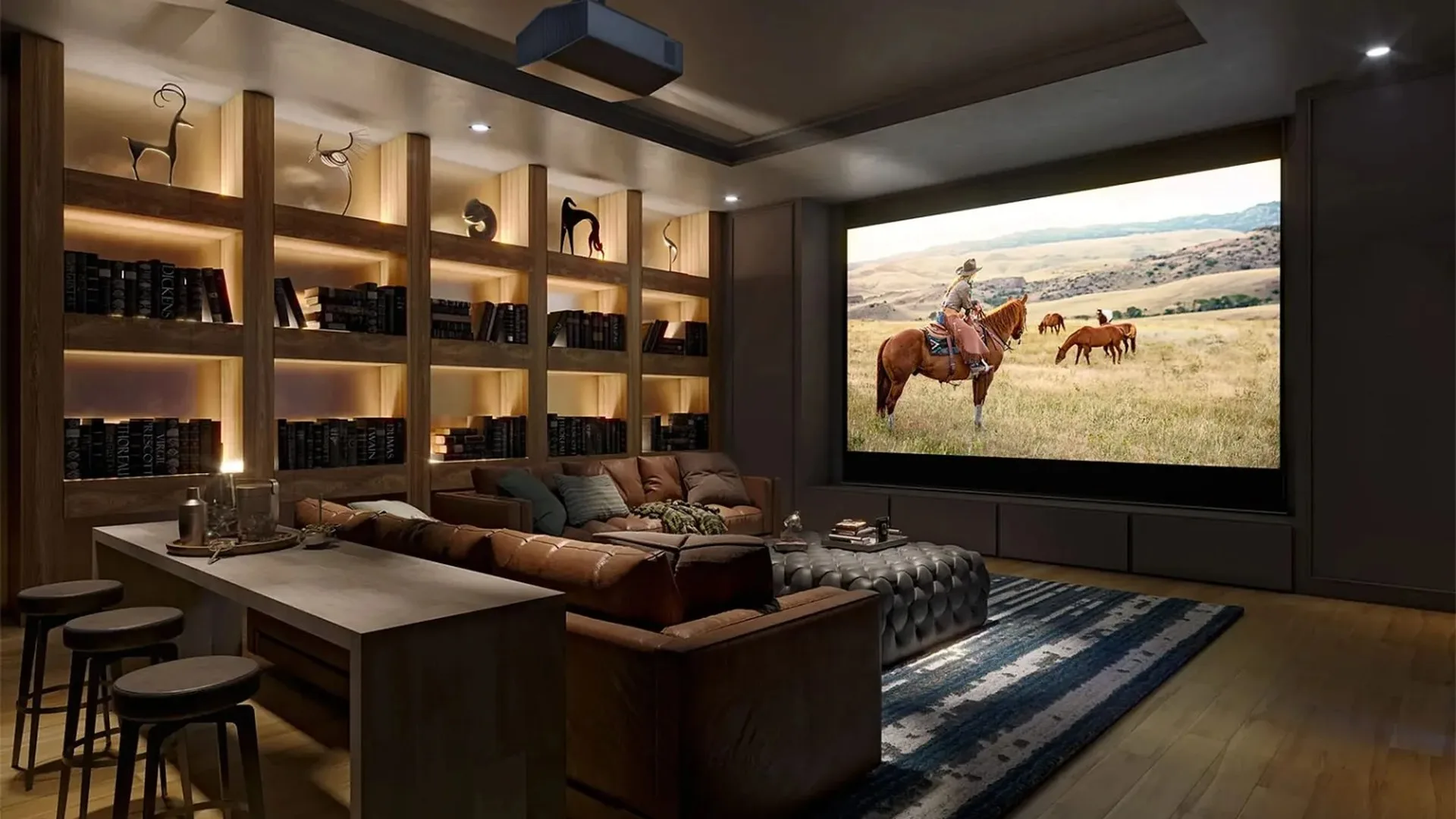 Installed home theater with wide screen and custom millwork
